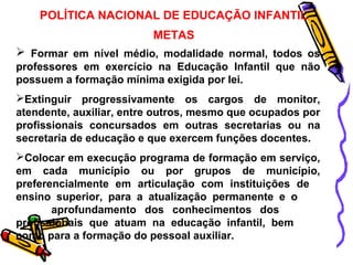 POLÍTICA NACIONAL DE EDUCAÇÃO INFANTIL 
METAS 
 Formar em nível médio, modalidade normal, todos os 
professores em exercício na Educação Infantil que não 
possuem a formação mínima exigida por lei. 
Extinguir progressivamente os cargos de monitor, 
atendente, auxiliar, entre outros, mesmo que ocupados por 
profissionais concursados em outras secretarias ou na 
secretaria de educação e que exercem funções docentes. 
Colocar em execução programa de formação em serviço, 
em cada município ou por grupos de município, 
preferencialmente em articulação com instituições de 
ensino superior, para a atualização permanente e o 
aprofundamento dos conhecimentos dos 
profissionais que atuam na educação infantil, bem 
como para a formação do pessoal auxiliar. 
 