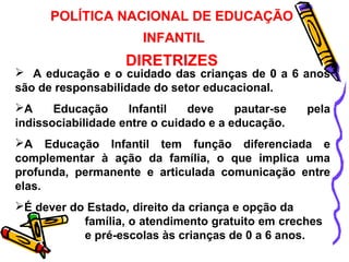 POLÍTICA NACIONAL DE EDUCAÇÃO 
INFANTIL 
DIRETRIZES 
 A educação e o cuidado das crianças de 0 a 6 anos 
são de responsabilidade do setor educacional. 
A Educação Infantil deve pautar-se pela 
indissociabilidade entre o cuidado e a educação. 
A Educação Infantil tem função diferenciada e 
complementar à ação da família, o que implica uma 
profunda, permanente e articulada comunicação entre 
elas. 
É dever do Estado, direito da criança e opção da 
família, o atendimento gratuito em creches 
e pré-escolas às crianças de 0 a 6 anos. 
 