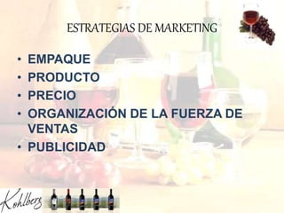ESTRATEGIAS DE MARKETING
• EMPAQUE
• PRODUCTO
• PRECIO
• ORGANIZACIÓN DE LA FUERZA DE
VENTAS
• PUBLICIDAD
 