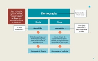 ta politika
Democracia direta
res publica
Democracia indireta
Cidadãos participavam
diretamente do poder,
sem necessidade de
representantes.
Havia eleição de
representantes para o
Senado, que governavam
em nome da população.
Democracia
Grécia Roma
Para a Filosofia
Política, “política”
refere-se a governo
e à ação coletiva
de grupos que
estabelecem leis e
as obedecem.
Demos: muitos +
Kracia: poder
Termo grego
relacionado à
participação ativa
na pólis.
Do latim:
“Coisa pública”.
3
4
 