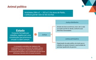 Animal político
Aristóteles (384 a.C. — 322 a.C.) foi aluno de Platão,
e atribuía grande valor às leis escritas.
Estado
Conjunto formado por
cidadãos, regidos por uma
constituição que promove a
virtude e o bem comum.
4
Justiça
Justiça distributiva
Divisão dos bens econômicos, isto é, dar a cada
um aquilo que lhe for devido, conforme suas
diferentes necessidades.
Justiça participativa
Organização do poder político, de modo que os
cidadãos (os iguais) tivessem a oportunidade de
participar igualmente do governo.
A concepção aristotélica de cidadania não
contemplava todos os membros da cidade: excluía
mulheres, estrangeiros e pessoas escravizadas ou
economicamente pobres, com a justificativa de que havia
diferenças naturais entre os seres humanos.
6
 