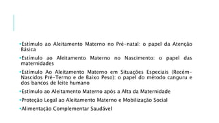 Estímulo ao Aleitamento Materno no Pré-natal: o papel da Atenção
Básica
Estímulo ao Aleitamento Materno no Nascimento: o papel das
maternidades
Estímulo Ao Aleitamento Materno em Situações Especiais (Recém-
Nascidos Pré-Termo e de Baixo Peso): o papel do método canguru e
dos bancos de leite humano
Estímulo ao Aleitamento Materno após a Alta da Maternidade
Proteção Legal ao Aleitamento Materno e Mobilização Social
Alimentação Complementar Saudável
 