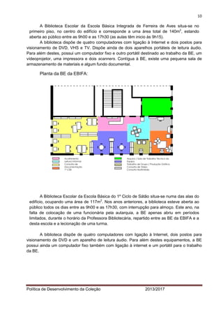 10 
Política de Desenvolvimento da Coleção 2013/2017 
A Biblioteca Escolar da Escola Básica Integrada de Ferreira de Aves situa-se no primeiro piso, no centro do edifício e corresponde a uma área total de 140m2, estando aberta ao público entre as 9h00 e as 17h30 (as aulas têm inicio às 9h15). 
A biblioteca dispõe de quatro computadores com ligação à Internet e dois postos para visionamento de DVD, VHS e TV. Dispõe ainda de dois aparelhos portáteis de leitura áudio. Para além destes, possui um computador fixo e outro portátil destinado ao trabalho da BE, um vídeoprojetor, uma impressora e dois scanners. Contígua à BE, existe uma pequena sala de armazenamento de materiais e algum fundo documental. 
Planta da BE da EBIFA: 
A Biblioteca Escolar da Escola Básica do 1º Ciclo de Sátão situa-se numa das alas do edifício, ocupando uma área de 117m2. Nos anos anteriores, a biblioteca esteve aberta ao público todos os dias entre as 9h00 e as 17h30, com interrupção para almoço. Este ano, na falta de colocação de uma funcionária pela autarquia, a BE apenas abriu em períodos limitados, durante o horário da Professora Bibliotecária, repartido entre as BE da EBIFA e a desta escola e a lecionação de uma turma. 
A biblioteca dispõe de quatro computadores com ligação à Internet, dois postos para visionamento de DVD e um aparelho de leitura áudio. Para além destes equipamentos, a BE possui ainda um computador fixo também com ligação à internet e um portátil para o trabalho da BE. 
Acolhimento 
Leitura Informal 
Consulta de Documentação 
1º CEB 
Arquivo / Sala de Trabalho Técnico da Equipa 
Trabalho de Grupo / Produção Gráfica 
Consulta de Vídeo 
Consulta Multimédia  