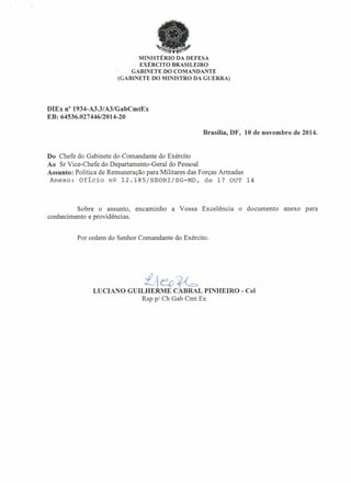 MINISTÉRIO DA DEFESA
EXÉRCITO BRASILEIRO
GABINETE DO COMANDANTE
(GABINETE DO MINISTRO DA GUERRA)
DIEx n° 1934-A3.3/A3/GabCmtEx
EB: 64536.027446/2014-20
Brasília, DF, 10 de novembro de 2014.
Do Chefe do Gabinete do Comandante do Exército
Ao Sr Vice-Chefe do Departamento-Geral do Pessoal
Assunto: Política de Remuneração para Militares das Forças Armadas
Anexo: Ofício nº 12.185/SEORI/SG-MD, de 17 OUT 14
Sobre o assunto, encaminho a Vossa Excelência o documento anexo para
conhecimento e providências.
Por ordem do Senhor Comandante do Exército.
1
fAé:Q&LUCIANO GUILHERME CABRAL PINHEIRO - Cel
Rsp pl Ch Gab Cmt Ex
 