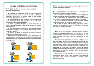 2. Para depositar o objeto no chão, dobre as pernas (não as
costas), invertendo o método.

MÉTODO CINÉTICO DE LEVANTAR PESO
1. O método cinético de levantar peso consiste do
seguinte procedimento:

3. Ao chegar ao local de serviço, passe a usar o cinto de
segurança e antes de iniciá-lo, verifique:
a. Se as tábuas do andaime estão em boas condições e
corretamente amarradas em ambas as extremidades.
b. Se os suportes do andaime estão bem parafusados e
se a solda, em toda a volta da base dos olhais, é completa.
c. Se os corrimões estão em boas condições e bem
presos (amarrados, parafusados, soldados, etc).
d. Se não há nada solto no piso, que possa cair ou
provocar escorregão (ex: ponta de eletrodo, areia, graxa,
etc; retire-os, limpe o piso, etc).

a. Verifique as dimensões gerais da carga (não tente
levantá-la sozinho se ela lhe parecer pesada ou difícil de
carregar), bem como o espaço para a sua própria
movimentação e firmeza dos pés.
b. Certifique-se de seu equilibro. Dê aos pés uma
abertura á largura dos ombros, posicione um pé ao lado e o
outro atrás do objeto a ser levantado.
c. Dobre os joelhos, não dobre as costas. Mantenha-as
retas, mas não verticais. Para alinhar a espinha dorsal,
retraia o queixo.
d. Agarre o objeto com as palmas das mãos e dedos e
em seguida, certifique-se da posição alinhada das costas,
retraindo o queixo.
e. Segure o objeto de encontro ao corpo, retraindo
braços e cotovelos ao lado do tronco.
f. Posicione-se de tal modo que o seu próprio peso se
centralize sobre os pés, o que facilitará o impulso e lhe dará
mais equilíbrio. Dê ao pé situado atrás do objeto o impulso
para erguer-se.
1-)

3-)

Nota: Se na sua inspeção, encontrar alguma condição
insegura, corrija-a imediatamente, e no término do serviço
ou expediente, comunique-a ao seu supervisor, se não
puder corrigi-la, não inicie o serviço e apresente ao seu
supervisor.
Ao terminar o expediente ou um serviço, certifique-se de
que não deixou nenhum risco de acidente ou incêndio (ex:
sobra de material abandonada, escória de solda ou corte no
piso, gambiarra sobre andaime, etc), isole ou pelo menos,
assinale qualquer risco que não possa ser eliminado (ex:
soldadura ou corte recém terminado, escreva a palavra
"QUENTE") hora e data, recolha todo o material que sobrar e
faça vistoria do local (em cima, em baixo, do lado oposto,
principalmente, etc).

2-)

4-)

Ao deixar o local de trabalho, não corra. Em caso de
emergência, saiba como e por onde sair com rapidez e
segurança. Use, quando necessário, a lanterna para
iluminar o caminho.
PRODUTIVIDADE
ACIDENTES
16

17

 