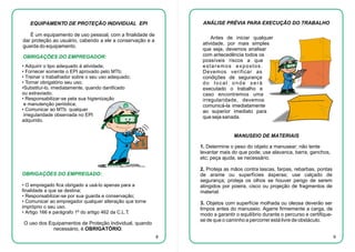 ANÁLISE PRÉVIA PARA EXECUÇÃO DO TRABALHO

EQUIPAMENTO DE PROTEÇÃO INDIVIDUAL EPI
É um equipamento de uso pessoal, com a finalidade de
dar proteção ao usuário, cabendo a ele a conservação e a
guarda do equipamento.

Antes de iniciar qualquer
atividade, por mais simples
que seja, devemos analisar
com antecedência todos os
possíveis riscos a que
estaremos expostos.
Devemos verificar as
condições de segurança
do local onde será
executado o trabalho e
caso encontremos uma
irregularidade, devemos
comunicá-la imediatamente
ao superior imediato para
que seja sanada.

OBRIGAÇÕES DO EMPREGADOR:
• Adquirir o tipo adequado à atividade;
• Fornecer somente o EPI aprovado pelo MTb;
• Treinar o trabalhador sobre o seu uso adequado;
• Tornar obrigatório seu uso;
•Substituí-lo, imediatamente, quando danificado
ou extraviado;
• Responsabilizar-se pela sua higienização
e manutenção periódica;
• Comunicar ao MTb. qualquer
irregularidade observada no EPI
adquirido.

MANUSEIO DE MATERIAIS
1. Determine o peso do objeto a manusear; não tente
levantar mais do que pode; use alavanca, barra, ganchos,
etc; peça ajuda, se necessário.
2. Proteja as mãos contra lascas, farpas, rebarbas, pontas
de arame ou superfícies ásperas; use calçado de
segurança; proteja os olhos se houver perigo de serem
atingidos por poeira, cisco ou projeção de fragmentos de
material.

OBRIGAÇÕES DO EMPREGADO:
• O empregado fica obrigado a usá-lo apenas para a
finalidade a que se destina;
• Responsabilizar-se por sua guarda e conservação;
• Comunicar ao empregador qualquer alteração que torne
impróprio o seu uso.
• Artigo 166 e parágrafo 1º do artigo 462 da C.L.T.

3. Objetos com superfície molhada ou oleosa deverão ser
limpos antes do manuseio. Agarre firmemente a carga, de
modo a garantir o equilíbrio durante o percurso e certifiquese de que o caminho a percorrer está livre de obstáculo.

O uso dos Equipamentos de Proteção Individual, quando
necessário, é OBRIGATÓRIO.

PRODUTIVIDADE
ACIDENTES
8

9

 