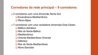 Corredores da rede principal – 9 corredores
 2 corredores com uma dimensão Norte-Sul:
 Escandinavo-Mediterrânico
 Reno-Alpes
 7 corredores com uma verdadeira dimensão Este-Oeste:
 Báltico-Adriático
 Mar do Norte-Báltico
 Mediterrânico
 Oriente-Mediterrâneo Oriental
 Atlântico
 Mar do Norte-Mediterrâneo
 Reno-Danúbio
 