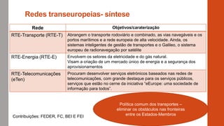 Redes transeuropeias- síntese
Rede Objetivos/caraterização
RTE-Transporte (RTE-T) Abrangem o transporte rodoviário e combinado, as vias navegáveis e os
portos marítimos e a rede europeia de alta velocidade. Ainda, os
sistemas inteligentes de gestão de transportes e o Galileo, o sistema
europeu de radionavegação por satélite
RTE-Energia (RTE-E) Envolvem os setores da eletricidade e do gás natural.
Visam a criação de um mercado único de energia e a segurança dos
aprovisionamentos
RTE-Telecomunicações
(eTen)
Procuram desenvolver serviços eletrónicos baseados nas redes de
telecomunicações, com grande destaque para os serviços públicos,
serviços que estão no cerne da iniciativa “eEurope: uma sociedade de
informação para todos”.
Contribuições: FEDER, FC, BEI E FEI
Política comum dos transportes –
eliminar os obstáculos nas fronteiras
entre os Estados-Membros
 