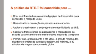 A política da RTE-T foi concebida para …
 Criar as infraestruturas e as interligações de transportes para
consolidar o mercado único
 Garantir a livre circulação de pessoas e mercadorias
 Apoiar o crescimento, o emprego e a competitividade da U.E.
 Facilitar a transferência de passageiros e mercadorias da
estrada para o caminho de ferro e outros modos de transporte
 Permitir que, gradualmente e até 2050, a grande maioria dos
cidadãos e empresas europeus estejam, no máximo, a 30
minutos de viagem da nova rede global.
 