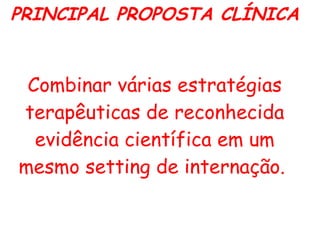 PRINCIPAL PROPOSTA CLÍNICA Combinar várias estratégias terapêuticas de reconhecida evidência científica em um mesmo setting de internação.  