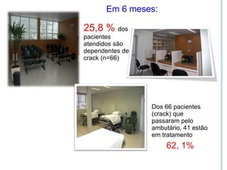 Dos 66 pacientes (crack) que passaram pelo ambutário, 41 estão em tratamento  62, 1% 25,8 %  dos pacientes atendidos são dependentes de crack (n=66) Em 6 meses: 