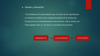  Gestion y educación
o Esta basada en el conocimiento que se extrae de las experiencias
o La Gestion se enfoca en la conducción global de la institución.
o El proyecto en la sistematización como micion, visión, diseño, etc
o Estan ligadas entre si, sin ello no es posible hacer gestión.
experiencia conocimiento innovación
 