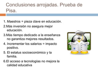 Conclusiones arrojadas. Prueba de
 Pisa.

1. Maestros = pieza clave en educación.
2.Más inversión no asegura mejor
   educación.
3.Más tiempo dedicado a la enseñanza
   no garantiza mejores resultados.
4. Incrementar los salarios = impacto
   positivo.
5. El estatus socioeconómico y la
   familia.
6.El acceso a tecnologías no mejora la
   calidad educativa
 