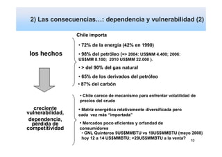 2) Las consecuencias…: dependencia y vulnerabilidad (2)
            Dependencia y vulnerabilidad
                  Chile importa

                  • 72% de la energía (42% en 1990)
 los hechos       • 98% del petróleo (=> 2004: US$MM 4.400; 2006:
                  US$MM 8.100; 2010 US$MM 22.000 ).
                  • > del 90% del gas natural
                  • 65% de los derivados del petróleo
                  • 87% del carbón

                   • Chile carece de mecanismo para enfrentar volatilidad de
                   precios del crudo
   creciente      • Matriz energética relativamente diversificada pero
vulnerabilidad,   cada vez más “importada”
 dependencia,
  pérdida de       • Mercados poco eficientes y orfandad de
competitividad     consumidores
                    • GNL Quinteros 9US$MMBTU vs 19US$MMBTU (mayo 2008)
                    hoy 12 a 14 US$MMBTU; >20US$MMBTU a la venta?
                                                                         10
 