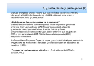 3) ¿quién pierde y quién gana? (7)
              Dependencia y vulnerabilidad
El grupo energético Enersis reportó que sus utilidades crecieron un 160,8%
interanual, a $339.245 millones (unos US$614 millones), entre enero y
septiembre del 2010. (Fuente; Emol)

¿Cuánto ganan los sectores clave de la economía?
El sector eléctrico asoma como el segundo sector en generar ganancias
en la lista final. La muestra de WAC Research consideró a las más
grandes del rubro, que son Endesa, Enersis, Colbún y Gener.
El rubro eléctrico saltó al segundo lugar, desde el tercero que ocupaba en
2008, y con ganancias de US$ 2.809 millones el año pasado (2009)
desplazó a la industria.
La firma chilena Empresas Copec, el mayor grupo industrial del país, controla la
mayor parte del mercado de derivados y de la distribución en estaciones de
servicios (>60%) .

Traspaso de renta en sector eléctrico > 1,6 mil millones de US$/año.
(Cruzat, PUC)


                                                                             18
 