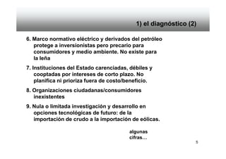 1) el diagnóstico (2)

6. Marco normativo eléctrico y derivados del petróleo
   protege a inversionistas pero precario para
   consumidores y medio ambiente. No existe para
   la leña
7. Instituciones del Estado carenciadas, débiles y
    cooptadas por intereses de corto plazo. No
    planifica ni prioriza fuera de costo/beneficio.
8. Organizaciones ciudadanas/consumidores
   inexistentes
9. Nula o limitada investigación y desarrollo en
   opciones tecnológicas de futuro: de la
   importación de crudo a la importación de eólicas.

                                         algunas
                                         cifras…
                                                                5
 