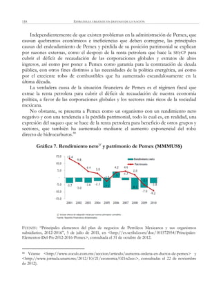 ESTRATEGIA URGENTE EN DEFENSA DE LA NACIÓN118
Independientemente de que existen problemas en la administración de Pemex, que
causan quebrantos económicos e ineficiencias que deben corregirse, las principales
causas del endeudamiento de Pemex y pérdida de su posición patrimonial se explican
por razones externas, como el despojo de la renta petrolera que hace la SHyCP para
cubrir el déficit de recaudación de las corporaciones globales y estratos de altos
ingresos, así como por poner a Pemex como garantía para la contratación de deuda
pública, con otros fines distintos a las necesidades de la política energética, así como
por el creciente robo de combustibles que ha aumentado escandalosamente en la
última década.
La verdadera causa de la situación financiera de Pemex es el régimen fiscal que
extrae la renta petrolera para cubrir el déficit de recaudación de nuestra economía
política, a favor de las corporaciones globales y los sectores más ricos de la sociedad
mexicana.
No obstante, se presenta a Pemex como un organismo con un rendimiento neto
negativo y con una tendencia a la pérdida patrimonial, todo lo cual es, en realidad, una
expresión del saqueo que se hace de la renta petrolera para beneficio de otros grupos y
sectores, que también ha aumentado mediante el aumento exponencial del robo
directo de hidrocarburos.88
Gráfica 7. Rendimiento neto1/
y patrimonio de Pemex (MMMUS$)
FUENTE: ―Principales elementos del plan de negocios de Petróleos Mexicanos y sus organismos
subsidiarios, 2012-2016‖, 5 de julio de 2011, en <http://es.scribd.com/doc/101572954/Principales-
Elementos-Del-Pn-2012-2016-Pemex>, consultada el 31 de octubre de 2012.
88 Véanse <http://www.zocalo.com.mx/seccion/articulo/aumenta-ordena-en-ductos-de-pemex> y
<http://www.jornada.unam.mx/2012/10/21/economia/021n2eco>, consultadas el 22 de noviembre
de 2012).
 