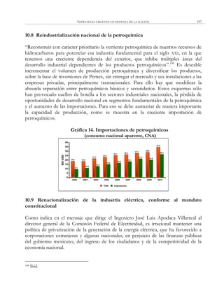 ESTRATEGIA URGENTE EN DEFENSA DE LA NACIÓN 197
10.8 Reindustrialización nacional de la petroquímica
―Reconstruir con carácter prioritario la vertiente petroquímica de nuestros recursos de
hidrocarburos para potenciar esa industria fundamental para el siglo XXI, en la que
tenemos una creciente dependencia del exterior, que inhibe múltiples áreas del
desarrollo industrial dependientes de los productos petroquímicos‖.148
Es deseable
incrementar el volumen de producción petroquímica y diversificar los productos,
sobre la base de inversiones de Pemex, sin entregar el mercado y sus instalaciones a las
empresas privadas, principalmente trasnacionales. Para ello hay que modificar la
absurda separación entre petroquímicos básicos y secundarios. Estos esquemas sólo
han provocado cuellos de botella a los sectores industriales nacionales, la pérdida de
oportunidades de desarrollo nacional en segmentos fundamentales de la petroquímica
y el aumento de las importaciones. Para eso se debe aumentar de manera importante
la capacidad de producción, como se muestra en la creciente importación de
petroquímicos.
Gráfica 14. Importaciones de petroquímicos
(consumo nacional aparente, CNA)
10.9 Renacionalización de la industria eléctrica, conforme al mandato
constitucional
Como indica en el mensaje que dirige el Ingeniero José Luis Apodaca Villarreal al
director general de la Comisión Federal de Electricidad, es irracional mantener una
política de privatización de la generación de la energía eléctrica, que ha favorecido a
corporaciones extranjeras y algunas nacionales, en perjuicio de las finanzas públicas
del gobierno mexicano, del ingreso de los ciudadanos y de la competitividad de la
economía nacional.
148 Ibíd.
 