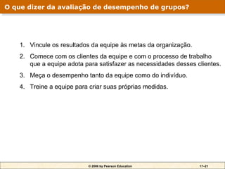 O que dizer da avaliação de desempenho de grupos?
O que dizer da avaliação de desempenho de grupos?




   1. Vincule os resultados da equipe às metas da organização.
   2. Comece com os clientes da equipe e com o processo de trabalho
      que a equipe adota para satisfazer as necessidades desses clientes.
   3. Meça o desempenho tanto da equipe como do indivíduo.
   4. Treine a equipe para criar suas próprias medidas.




                           © 2006 by Pearson Education           17–21
 