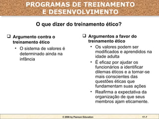 O Que Dizer do Treinamento Ético? TREINAMENTO
         PROGRAMAS DE
O Que Dizer do Treinamento Ético? TREINAMENTO
          PROGRAMAS DE
                 E DESENVOLVIMENTO
                 E DESENVOLVIMENTO
              O que dizer do treinamento ético?

  Argumento contra o                       Argumentos a favor do
   treinamento ético                         treinamento ético
    • O sistema de valores é                  • Os valores podem ser
       determinado ainda na                      modificados e aprendidos na
                                                 idade adulta
       infância
                                              • É eficaz por ajudar os
                                                 funcionários a identificar
                                                 dilemas éticos e a tornar-se
                                                 mais conscientes das
                                                 questões éticas que
                                                 fundamentam suas ações
                                              • Reafirma a expectativa da
                                                 organização de que seus
                                                 membros ajam eticamente.


                          © 2006 by Pearson Education                   17–7
 