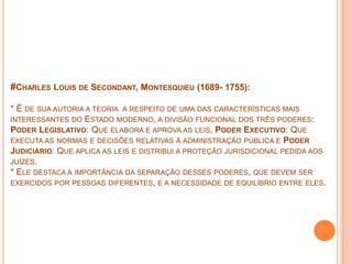 #CHARLES LOUIS DE SECONDANT, MONTESQUIEU (1689- 1755):
* É DE SUA AUTORIA A TEORIA A RESPEITO DE UMA DAS CARACTERÍSTICAS MAIS
INTERESSANTES DO ESTADO MODERNO, A DIVISÃO FUNCIONAL DOS TRÊS PODERES:
PODER LEGISLATIVO: QUE ELABORA E APROVA AS LEIS, PODER EXECUTIVO: QUE
EXECUTA AS NORMAS E DECISÕES RELATIVAS À ADMINISTRAÇÃO PÚBLICA E PODER
JUDICIÁRIO: QUE APLICA AS LEIS E DISTRIBUI A PROTEÇÃO JURISDICIONAL PEDIDA AOS
JUÍZES.
* ELE DESTACA A IMPORTÂNCIA DA SEPARAÇÃO DESSES PODERES, QUE DEVEM SER
EXERCIDOS POR PESSOAS DIFERENTES, E A NECESSIDADE DE EQUILÍBRIO ENTRE ELES.
 