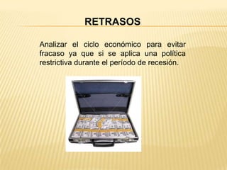 TIPOS DE POLÍTICA FISCAL-Política fiscal expansivaEstimular la demanda agregada para aumentar la producción.Tiende al déficit o incluso puede provocar inflación. -Política fiscal restrictivaFrenar la demanda agregada debida a  excesiva expansión Como resultado se Tiende al superávit
