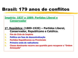 Brasil: 179 anos de conflitos
Império: 1837 a 1889: Partidos Liberal e
Conservador
1ª. República: (1889-1920) – Partidos Liberal,
Conservador, Republicano e Católico.
1. Fim do Ciclo do Império
2. Política em fase de descentralização
3. Partidos Republicanos ou Provinciais
4. Primeira onda de radicalismo
5. Classe dominante recorre aos quartéis para recuperar a “Ordem
Ameaçada”
 