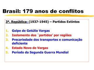 Brasil: 179 anos de conflitos
3ª. República: (1937-1945) – Partidos Extintos
1. Golpe de Getúlio Vargas
2. Isolamento dos `partidos’ por regiões
3. Precariedade dos transportes e comunicação
deficiente
4. Estado Novo de Vargas
5. Período da Segunda Guerra Mundial
 