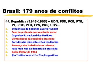 Brasil: 179 anos de conflitos
4ª. República (1945-1965) – UDN, PSD, PCB, PTB,
PL, PDC, PED, FPN, PRP, UDS...
1. Influências da Segunda Guerra Mundial
2. Fase de profunda evervescência social
3. Organização nacional dos Partidos
4. Contradições da sociedade brasileira
5. Partidos das mais diferentes tendências
6. Presença dos trabalhadores urbanos
7. Fase mais rica da democracia brasileira
8. Golpe Militar de 1964
9. Ato Institucional n°2 – Fim dos partidos
 