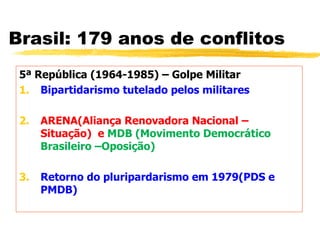 Brasil: 179 anos de conflitos
5ª República (1964-1985) – Golpe Militar
1. Bipartidarismo tutelado pelos militares
2. ARENA(Aliança Renovadora Nacional –
Situação) e MDB (Movimento Democrático
Brasileiro –Oposição)
3. Retorno do pluripardarismo em 1979(PDS e
PMDB)
 