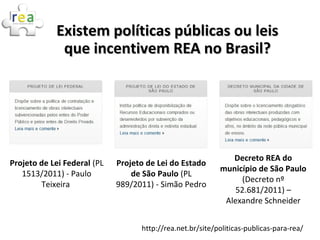 http://rea.net.br/site/politicas-publicas-para-rea/
Projeto de Lei Federal (PL
1513/2011) - Paulo
Teixeira
Projeto de Lei do Estado
de São Paulo (PL
989/2011) - Simão Pedro
Decreto REA do
município de São Paulo
(Decreto nº
52.681/2011) –
Alexandre Schneider
Existem políticas públicas ou leisExistem políticas públicas ou leis
que incentivem REA no Brasil?que incentivem REA no Brasil?
 