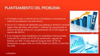 PLANTEAMIENTO DEL PROBLEMA
 El limitado acceso a internet de los Colombianos, únicamente la
mitad de la población usa este servicio.
 De los 47,7 millones de habitantes que alberga el territorio nacional
según cifras del Dane, solo existen 7 millones de suscripciones al
servicio de banda ancha con una penetración de 15,3% (según un
reporte del MinTic)
 Si se comparan estas estadísticas con estándares internacionales,
Corea del Sur cuenta con 97,2% de penetración, seguido de
Islandia con 93%. A nivel regional Uruguay tiene 34,7% de
penetración, le sigue Chile con 31,9%, Brasil con 29,6% y Costa Rica
con 24%.
La República.
 
