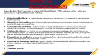 ANÁLISIS DE
POLÍTICAS PÚBLICAS
Eugene Bardach: “Los 8 pasos para el análisis de Políticas Públicas” (1998).- actividad política y social que
representa una responsabilidad moral e intelectual.
1. Definición del Problema.- Se trata de plantear el problema de manera empírica y conceptual, de manera que sea
factible resolverlo.
2. Obtención de información.- que los datos obtenidos se conviertan en conocimiento y en información que se relacione
con el problema previamente definido.
3. Construcción de alternativas.- elaborar una lista de las posibles alternativas de solución, descartar las poco
satisfactorias, recombinar y reorganizar hasta llegar a estructurar una alternativa básica con una o más variantes.
4. Selección de criterios.- Los criterios son normas evaluativas que se usan para juzgar, no las alternativas, sino los
resultados de las políticas. Los criterios evaluativos más comunes son: eficiencia, efectividad, equidad, justicia, igualdad,
libertad, comunidad, legalidad, aceptabilidad política, perfectibilidad, optimización, etc.
5. Proyección de los resultados.- proyectar los resultados o efectos más importantes de las posibles alternativas de
solución. Para ello pueden usarse los modelos causales
6. Confrontación de costos y beneficios.- revisar cuál de las alternativas parece dar mejor resultado respecto a los
criterios evaluativos por medio de la ponderación costos beneficios
7. ¡Decida!
8. ¡Cuente su historia!
 
