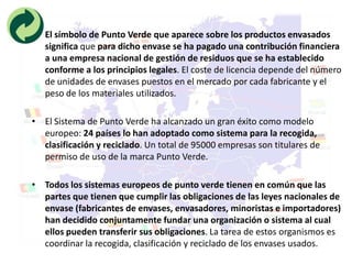 • El símbolo de Punto Verde que aparece sobre los productos envasados
  significa que para dicho envase se ha pagado una contribución financiera
  a una empresa nacional de gestión de residuos que se ha establecido
  conforme a los principios legales. El coste de licencia depende del número
  de unidades de envases puestos en el mercado por cada fabricante y el
  peso de los materiales utilizados.

• El Sistema de Punto Verde ha alcanzado un gran éxito como modelo
  europeo: 24 países lo han adoptado como sistema para la recogida,
  clasificación y reciclado. Un total de 95000 empresas son titulares de
  permiso de uso de la marca Punto Verde.

• Todos los sistemas europeos de punto verde tienen en común que las
  partes que tienen que cumplir las obligaciones de las leyes nacionales de
  envase (fabricantes de envases, envasadores, minoristas e importadores)
  han decidido conjuntamente fundar una organización o sistema al cual
  ellos pueden transferir sus obligaciones. La tarea de estos organismos es
  coordinar la recogida, clasificación y reciclado de los envases usados.
 