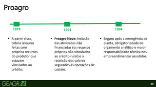 14
Proagro
1979
 A partir disso,
cobria lavouras
feitas com
próprios recursos
do produtor que
estavam
vinculados ao
crédito.
1991
 Proagro Novo: inclusão
das atividades não
financiadas (os recursos
próprios não vinculados
ao crédito rural) e a
restrição dos valores
segurados às operações de
custeio.
1994
 Seguro após a emergência da
planta, obrigatoriedade de
orçamento analítico e maior
responsabilidade técnica nos
empreendimentos assistidos.
 