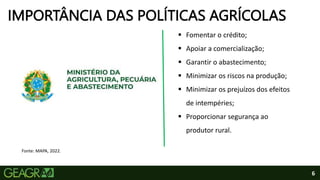6
IMPORTÂNCIA DAS POLÍTICAS AGRÍCOLAS
 Fomentar o crédito;
 Apoiar a comercialização;
 Garantir o abastecimento;
 Minimizar os riscos na produção;
 Minimizar os prejuízos dos efeitos
de intempéries;
 Proporcionar segurança ao
produtor rural.
Fonte: MAPA, 2022.
 