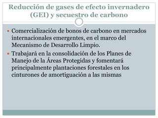 Reducción de gases de efecto invernadero
(GEI) y secuestro de carbono
 Comercialización de bonos de carbono en mercados
internacionales emergentes, en el marco del
Mecanismo de Desarrollo Limpio.
 Trabajará en la consolidación de los Planes de
Manejo de la Áreas Protegidas y fomentará
principalmente plantaciones forestales en los
cinturones de amortiguación a las mismas
 