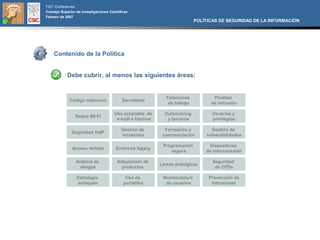 FIST Conferences
Consejo Superior de Investigaciones Científicas
Febrero de 2007
                                                                             POLÍTICAS DE SEGURIDAD DE LA INFORMACIÓN




    Contenido de la Política


            Debe cubrir, al menos las siguientes áreas:


                                                               Estaciones           Pruebas
             Código malicioso              Servidores
                                                                de trabajo         de intrusión

                                       Uso aceptable de       Outsourcing          Usuarios y
                Redes WI-FI
                                        e-mail e Internet      y terceros          privilegios

                                           Gestión de         Formación y          Gestión de
              Seguridad VoIP
                                           incidentes        concienciación      vulnerabilidades

                                                             Programación         Dispositivos
               Acceso remoto            Entornos legacy
                                                                segura           de interconexión

                 Análisis de            Adquisición de                              Seguridad
                                                            Líneas analógicas
                  riesgos                 productos                                  de CPDs

                 Estrategia                  Uso de          Nomenclatura         Prevención de
                  antispam                  portátiles        de usuarios          intrusiones
 
