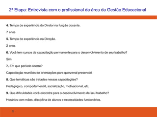 5
4. Tempo de experiência do Diretor na função docente.
7 anos
5. Tempo de experiência na Direção.
2 anos
6. Você tem cursos de capacitação permanente para o desenvolvimento de seu trabalho?
Sim
7. Em que período ocorre?
Capacitação reuniões de orientações para quinzenal presencial
8. Que temáticas são tratadas nessas capacitações?
Pedagógico, comportamental, socialização, motivacional, etc.
9. Que dificuldades você encontra para o desenvolvimento de seu trabalho?
Horários com mães, disciplina de alunos e necessidades funcionários.
2ª Etapa: Entrevista com o profissional da área da Gestão Educacional
 