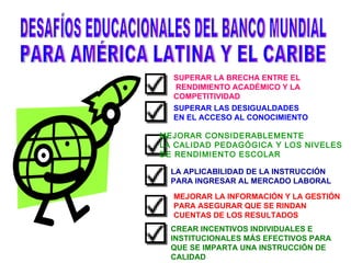 DESAFÍOS EDUCACIONALES DEL BANCO MUNDIAL PARA AMÉRICA LATINA Y EL CARIBE SUPERAR LA BRECHA ENTRE EL RENDIMIENTO ACADÉMICO Y LA  COMPETITIVIDAD SUPERAR LAS DESIGUALDADES EN EL ACCESO AL CONOCIMIENTO MEJORAR CONSIDERABLEMENTE LA CALIDAD PEDAGÓGICA Y LOS NIVELES DE RENDIMIENTO ESCOLAR LA APLICABILIDAD DE LA INSTRUCCIÓN PARA INGRESAR AL MERCADO LABORAL MEJORAR LA INFORMACIÓN Y LA GESTIÓN PARA ASEGURAR QUE SE RINDAN CUENTAS DE LOS RESULTADOS CREAR INCENTIVOS INDIVIDUALES E  INSTITUCIONALES MÁS EFECTIVOS PARA QUE SE IMPARTA UNA INSTRUCCIÓN DE CALIDAD 