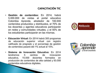 CAPACITACIÓN TIC
• Gestión de contenidos: En 2014, habrá
5.000.000 de visitas al portal educativo
Colombia Aprende, alrededor de 100.000
contenidos producidos y distribuidos, el 70% de
los docentes y agentes educativos participarán
en redes y comunidades virtuales, y el 50% de
los estudiantes participarán en las mismas.
• Educación Virtual: En 2014 habrá 300 programas
de educación superior virtual con registro
calificado de pregrado y el porcentaje de gestión
de contenidos pasará del 1% actual al 10%.
• Sistema de Innovación Educativa: En 2014
tendremos
5
centros
de
innovación
educativa, 15.000 docentes formados en
producción de contenidos de alta calidad y 93.000
contenidos educativos digitales.

 