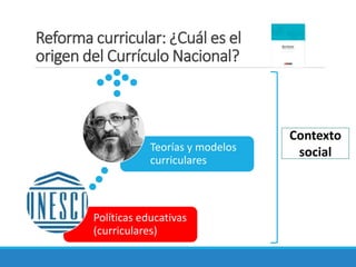 Reforma curricular: ¿Cuál es el
origen del Currículo Nacional?
Políticas educativas
(curriculares)
Teorías y modelos
curriculares
Contexto
social
 