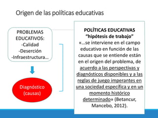 Origen de las políticas educativas
PROBLEMAS
EDUCATIVOS:
-Calidad
-Deserción
-Infraestructura…
Diagnóstico
(causas)
POLÍTICAS EDUCATIVAS
“hipótesis de trabajo”
«…se interviene en el campo
educativo en función de las
causas que se entiende están
en el origen del problema, de
acuerdo a las perspectivas y
diagnósticos disponibles y a las
reglas de juego imperantes en
una sociedad específica y en un
momento histórico
determinado» (Betancur,
Mancebo, 2012).
 