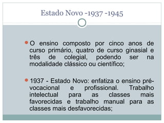 Estado Novo -1937 -1945


O ensino composto por cinco anos de
 curso primário, quatro de curso ginasial e
 três de colegial, podendo ser na
 modalidade clássico ou científico;

1937 - Estado Novo: enfatiza o ensino pré-
 vocacional    e   profissional.   Trabalho
 intelectual  para    as    classes    mais
 favorecidas e trabalho manual para as
 classes mais desfavorecidas;
 