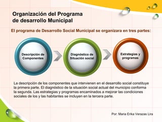 Descripción de Componentes Diagnóstico de Situación social Estrategias y programas La descripción de los componentes que intervienen en el desarrollo social constituye la primera parte. El diagnóstico de la situación social actual del municipio conforma la segunda. Las estrategias y programas encaminados a mejorar las condiciones sociales de los y las habitantes se incluyen en la tercera parte. Por: Maria Erika Verazas Lira El programa de Desarrollo Social Municipal se organizara en tres partes: Organización del Programa  de desarrollo Municipal 