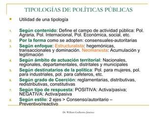 Dr. William Guillermo Jiménez
TIPOLOGÍAS DE POLÍTICAS PÚBLICAS
 Utilidad de una tipología
1. Según contenido: Define el campo de actividad pública: Pol.
Agraria, Pol. Internacional, Pol. Económica, social, etc.
2. Por la forma como se adopten: consensuales-autoritarias
3. Según enfoque: Estructuralista: hegemónicas,
transaccionales y dominación. Neomarxista: Acumulación y
legitimación
4. Según ámbito de actuación territorial: Nacionales,
regionales, departamentales, distritales y municipales
5. Según destinatarios de la política: Pol. para mujeres, pol.
para industriales, pol. para cafeteros, etc.
6. Según grado de Coerción: reglamentarias, distributivas,
redistributivas, constitutivas
7. Según tipo de respuesta: POSITIVA: Activa/pasiva;
NEGATIVA: Activa/pasiva
8. Según estilo: 2 ejes > Consenso/autoritario –
Preventivo/reactivo
 