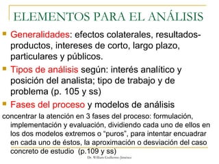 ELEMENTOS PARA EL ANÁLISIS
 Generalidades: efectos colaterales, resultados-
productos, intereses de corto, largo plazo,
particulares y públicos.
 Tipos de análisis según: interés analítico y
posición del analista; tipo de trabajo y de
problema (p. 105 y ss)
 Fases del proceso y modelos de análisis
concentrar la atención en 3 fases del proceso: formulación,
implementación y evaluación, dividiendo cada uno de ellos en
los dos modelos extremos o “puros”, para intentar encuadrar
en cada uno de éstos, la aproximación o desviación del caso
concreto de estudio (p.109 y ss)
Dr. William Guillermo Jiménez
 