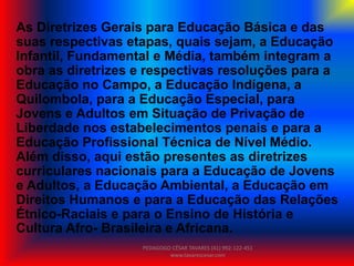 As Diretrizes Gerais para Educação Básica e das
suas respectivas etapas, quais sejam, a Educação
Infantil, Fundamental e Média, também integram a
obra as diretrizes e respectivas resoluções para a
Educação no Campo, a Educação Indígena, a
Quilombola, para a Educação Especial, para
Jovens e Adultos em Situação de Privação de
Liberdade nos estabelecimentos penais e para a
Educação Profissional Técnica de Nível Médio.
Além disso, aqui estão presentes as diretrizes
curriculares nacionais para a Educação de Jovens
e Adultos, a Educação Ambiental, a Educação em
Direitos Humanos e para a Educação das Relações
Étnico-Raciais e para o Ensino de História e
Cultura Afro- Brasileira e Africana.
PEDAGOGO CÉSAR TAVARES (41) 992-122-451
www.tavarescesar.com
 