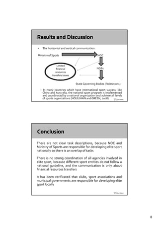 •       The horizontal and vertical communication:

Ministry of Sports                                   NOC


                     Limited 
                    financial                        NGBs
                   resources 
                transfers issues


                                   State Governing Bodies (federations)

    •   In many countries which have international sport success, like
        China and Australia, the national sport program is implemented
        and coordinated by a national organization and achieve all levels
        of sports organizations (HOULIHAN and GREEN, 2008)




There are not clear task descriptions, because NOC and
Ministry of Sports are responsible for developing elite sport
nationally so there is an overlap of tasks

There is no strong coordination of all agencies involved in
elite sport, because different sport entities do not follow a
national guideline, and the communication is only about
financial resources transfers

It has been verificated that clubs, sport associations and
municipal governments are responsible for developing elite
sport locally




                                                                            8
 