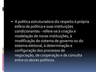  A política estruturadora diz respeito à própria
  esfera da política e suas instituições
  condicionantes - refere-se à criação e
  modelação de novas instituições, à
  modificação do sistema de governo ou do
  sistema eleitoral, à determinação e
  configuração dos processos de
  negociação, de cooperação e de consulta
  entre os atores políticos.
 